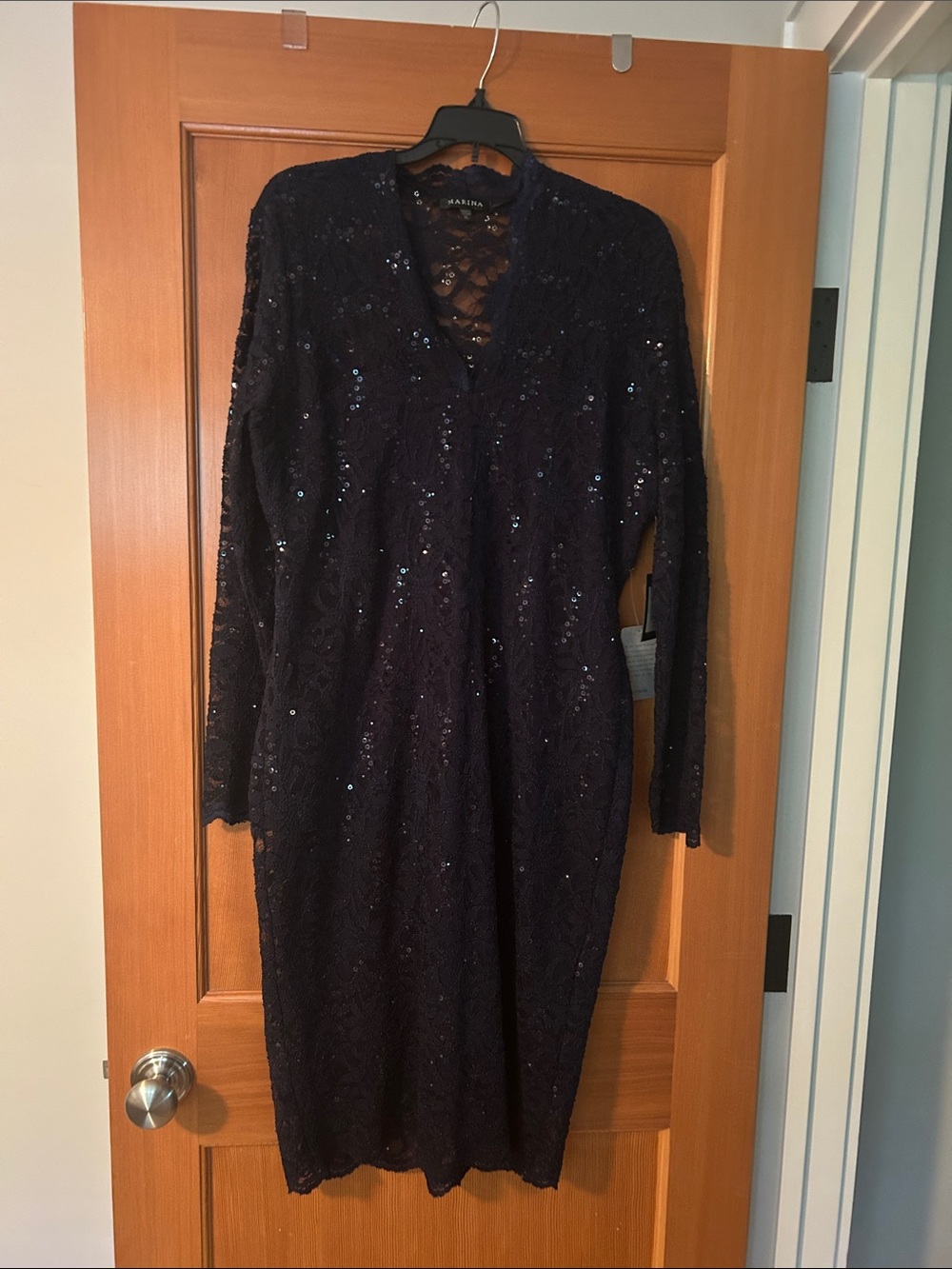 NWT Nordstrom Marina Navy Sequin Lace Long Sleeve Dress